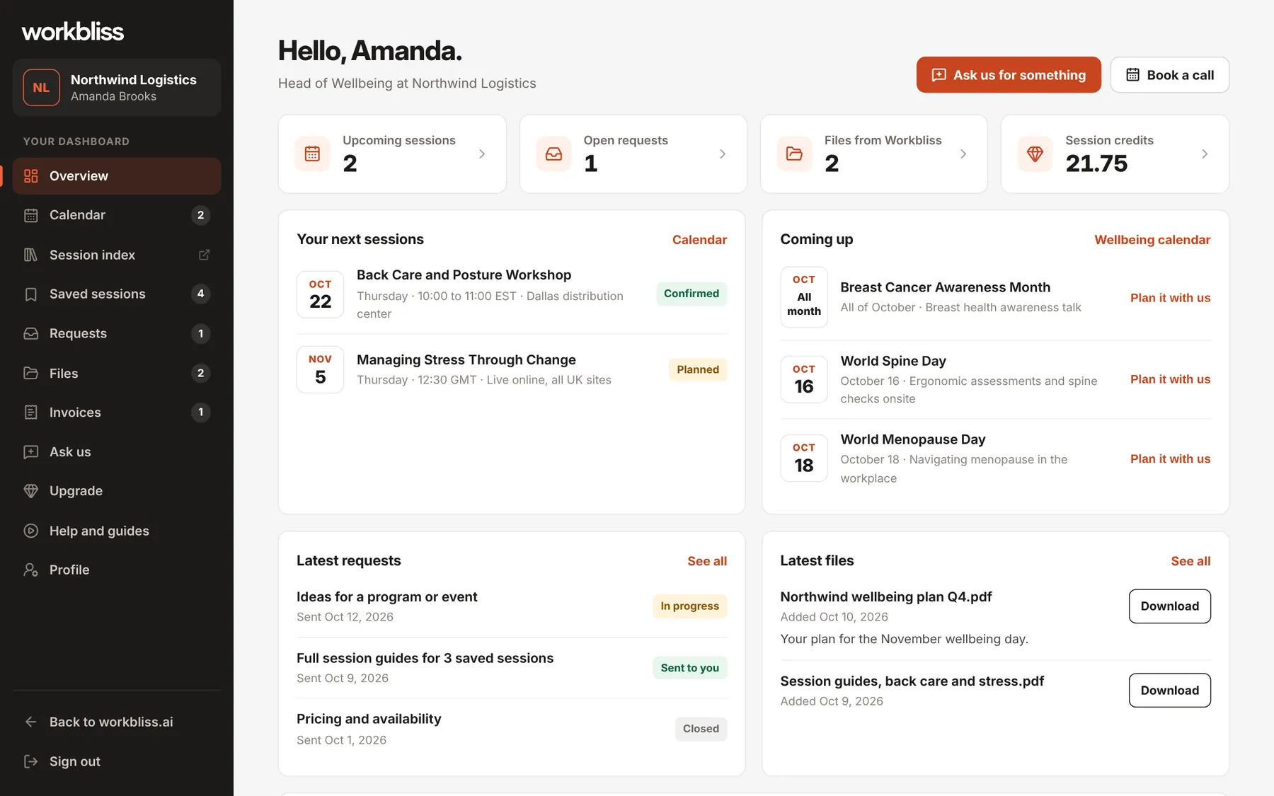 The Workbliss member dashboard: upcoming sessions, open requests, files and session credits, the next booked sessions and the wellbeing moments coming up.